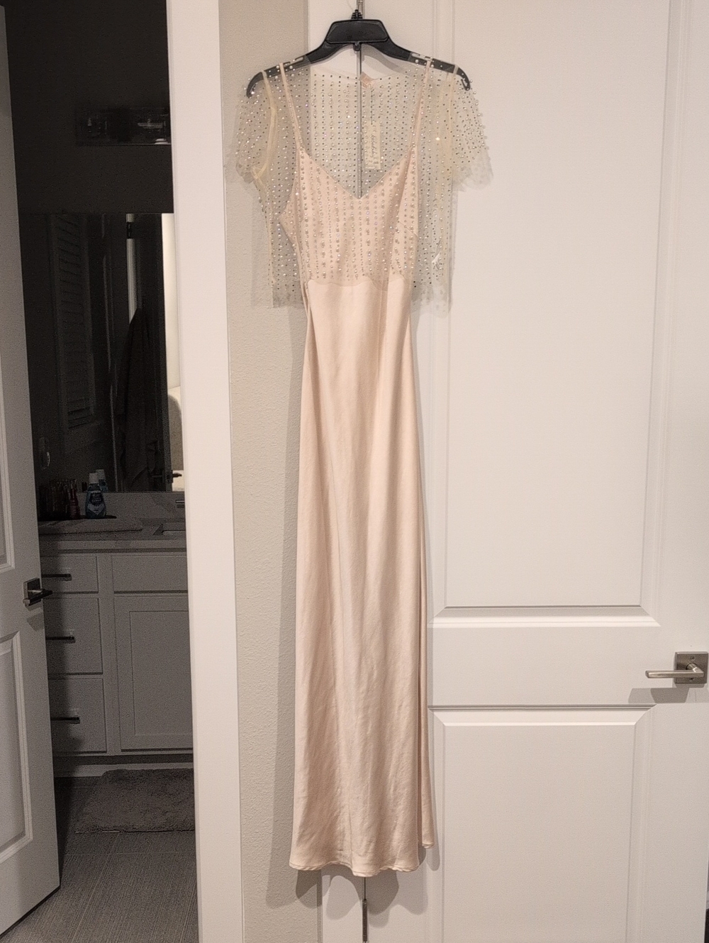 NWT Francesca's Satin Dress With Pearl And Rhinestone Overlay Top
